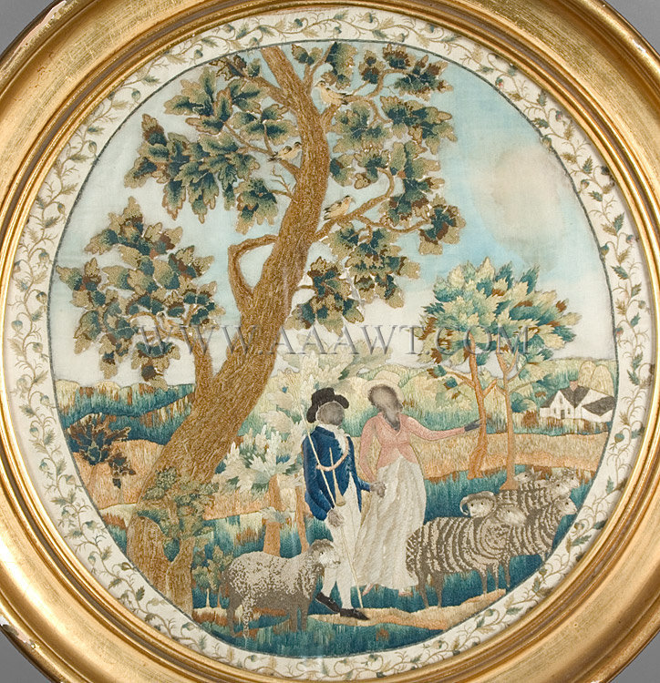 Antique Embroidery, Silk, Shepherd and Shepherdess, by Rebecca Green Butler, close up view